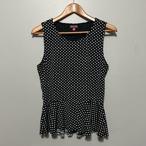 Vince Camuto Sleeveless Black/White Polka Dot Peplum Top